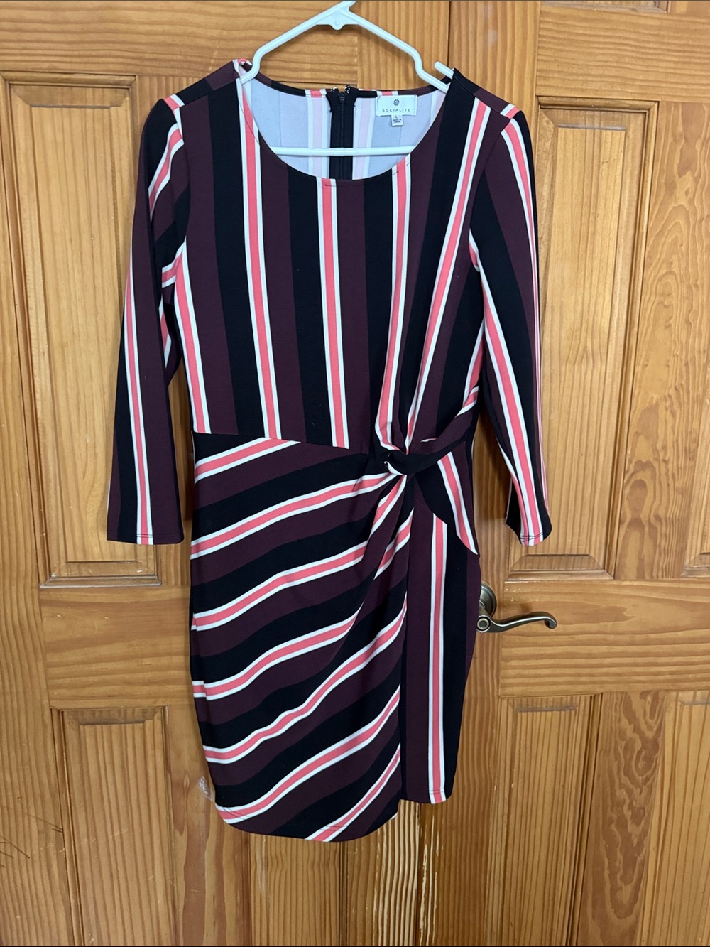 Socialite Burgundy, Black & White Striped Twist-Front Dress
